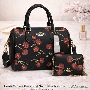 Coach Medium Rowan Satchel Bag and Mini Chain Wallet Set Black Cherry Print NWT